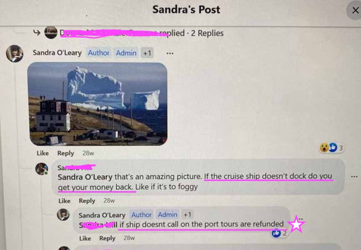 Proof that Sandra O'Leary sold the day tours to see icebergs as refundable if the ship did not port in Greenland.