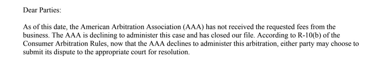 The American Arbitration Association declines this cruise passenger's request. 