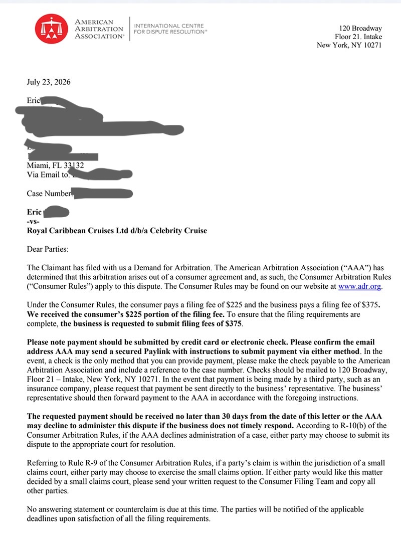 The American Arbitration Association makes an out reach for this cruise passenger.