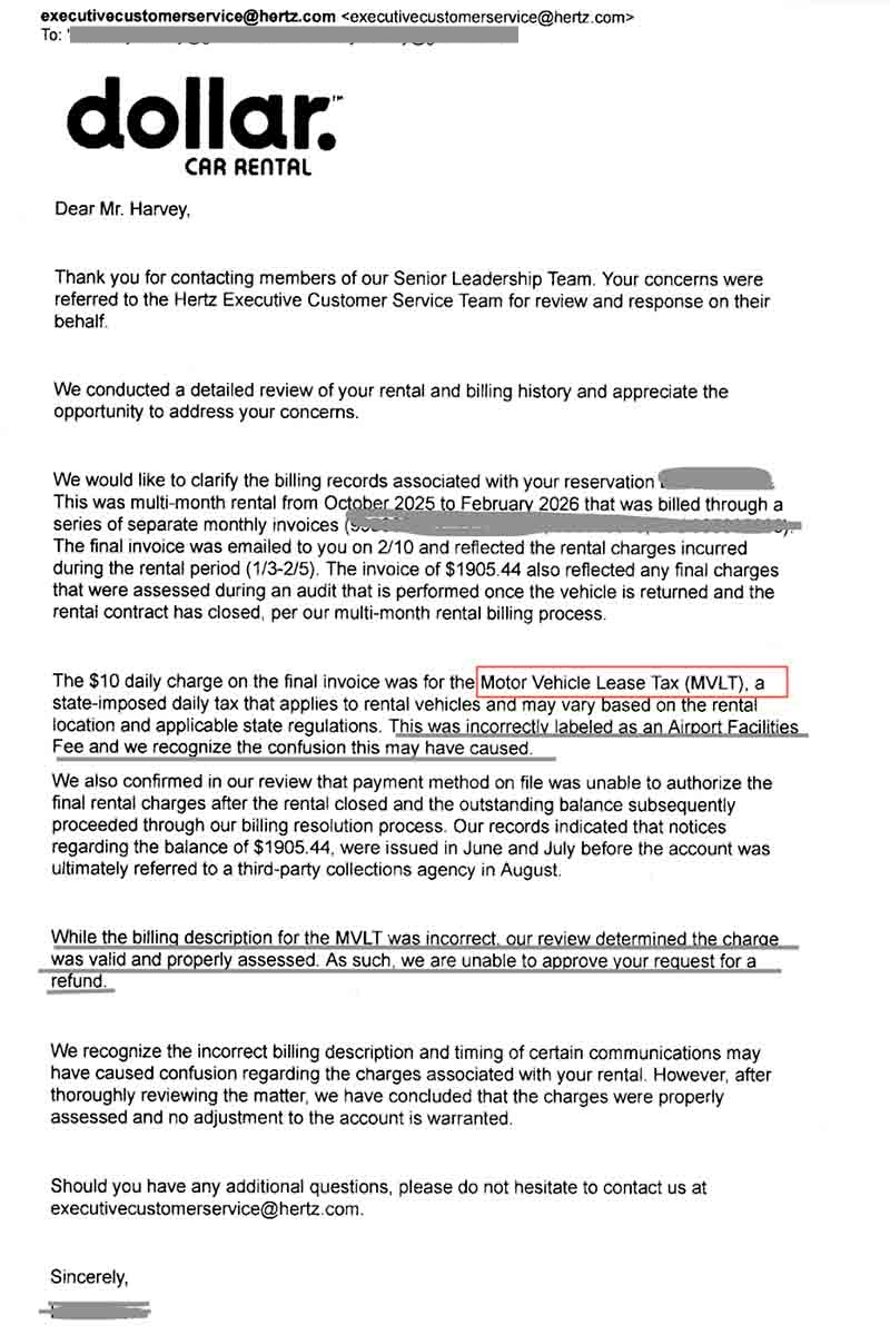 Hertz creates a fake state tax called Motor Vehicle Leasing Tax (MVLT) to justify a giant charge on the customer's bill.