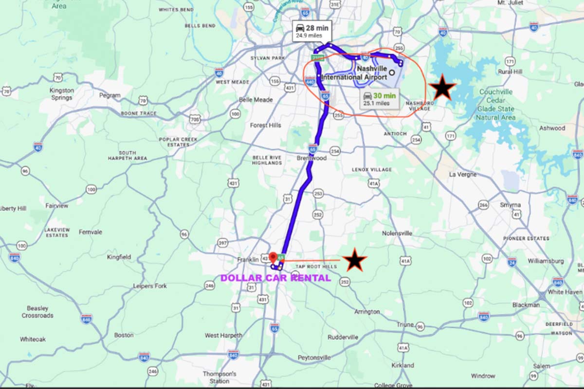 This map shows that the car rental location is 25 miles from any airport.