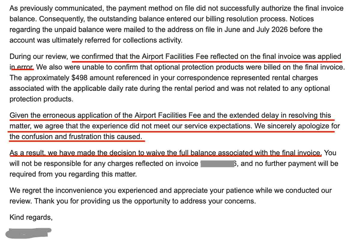 Hertz executive customer service agent admits the company made a mistake charging airport fees at a non-airport location.