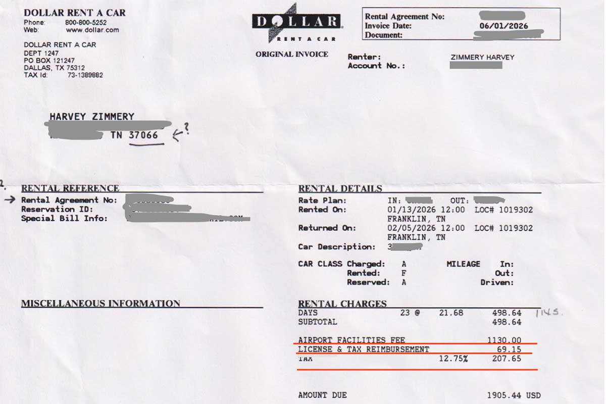 The invoice shows the Dollar branch is trying to charge airport fees. Hertz sent the bill to collections before the customer ever saw it. 