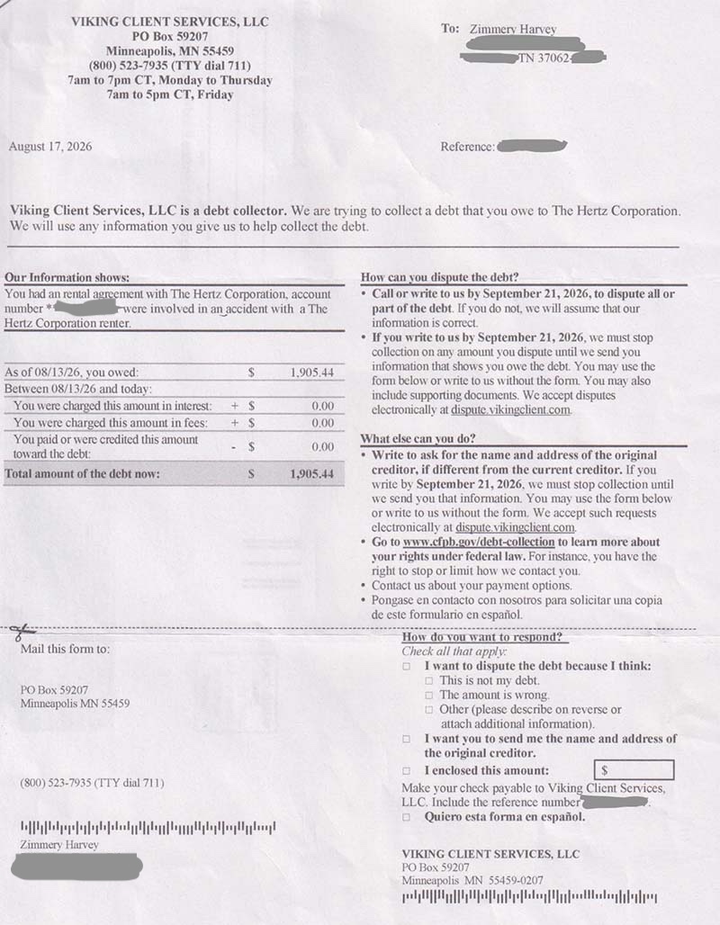 Viking Client Services is demanding $1,900 from this Dollar/Hertz car rental customer.
